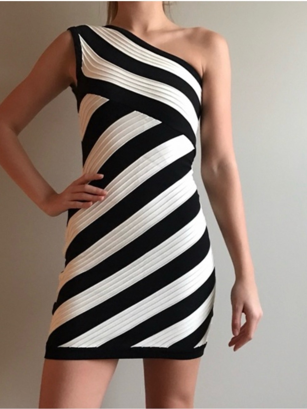 WOW couture One-Shoulder Black and White Diagonal Stripe Bodycon Dress